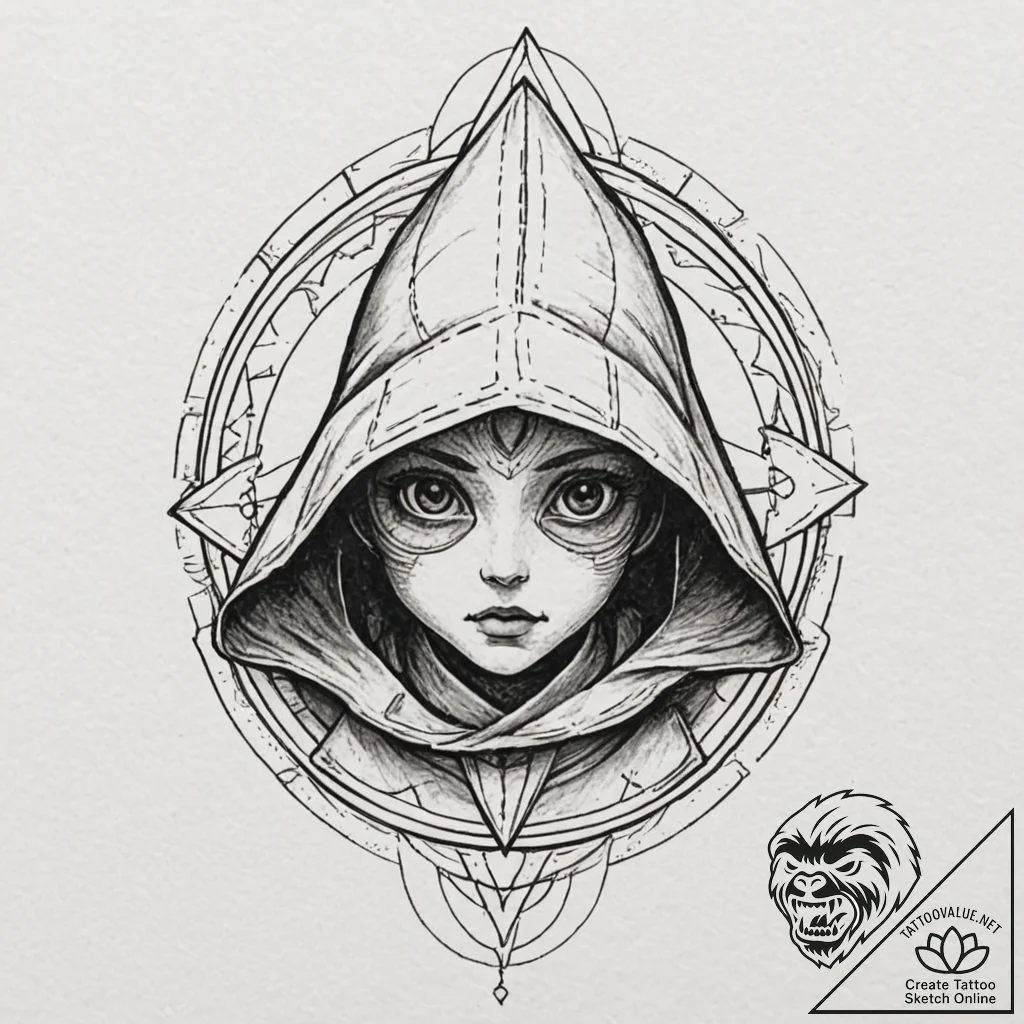 A sketch of a jawa, with glowing eyes under i... - tattoo sketch (№1751056356_0, 27.06.2025 20:32) — tattoovalue.net