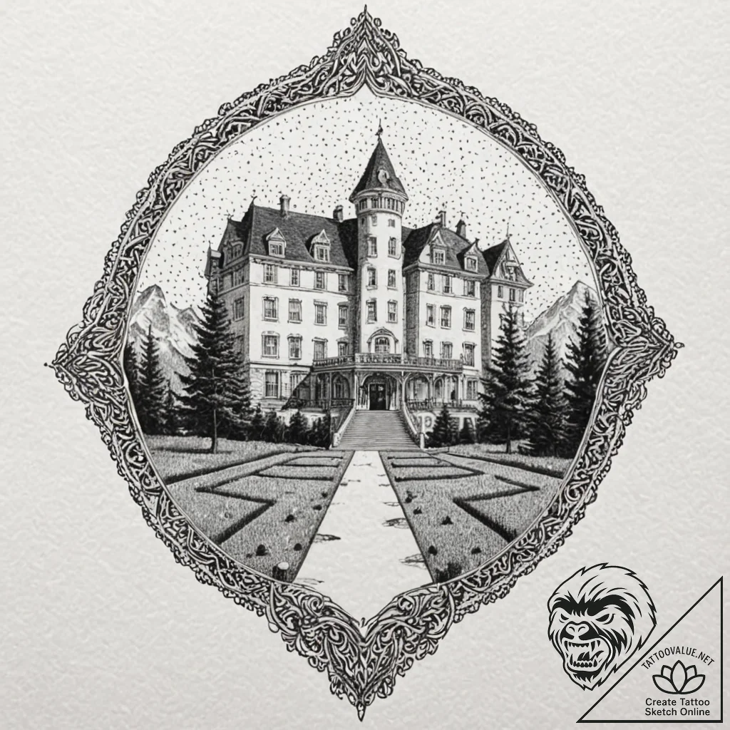 A linework tattoo of the overlook hotel carpe... - tattoo sketch (№1751057128_0, 27.06.2025 20:45) — tattoovalue.net