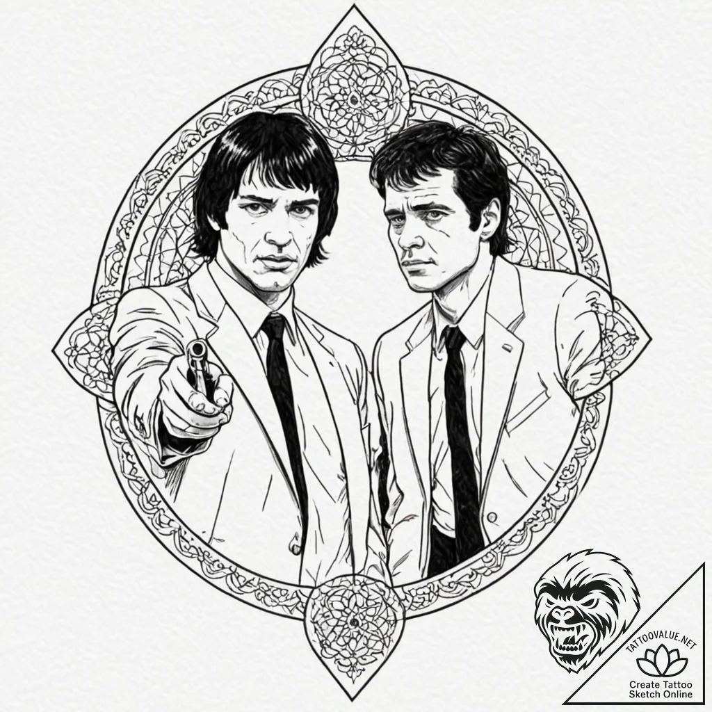 A linework tattoo of the iconic pulp fiction... - tattoo sketch (№1751061729_0, 27.06.2025 22:02) — tattoovalue.net