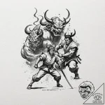 Samurai fighting an oni, ink illustration for… – tattoo sketch (№1751061939_0, 27.06.2025 22:05) — tattoovalue.net