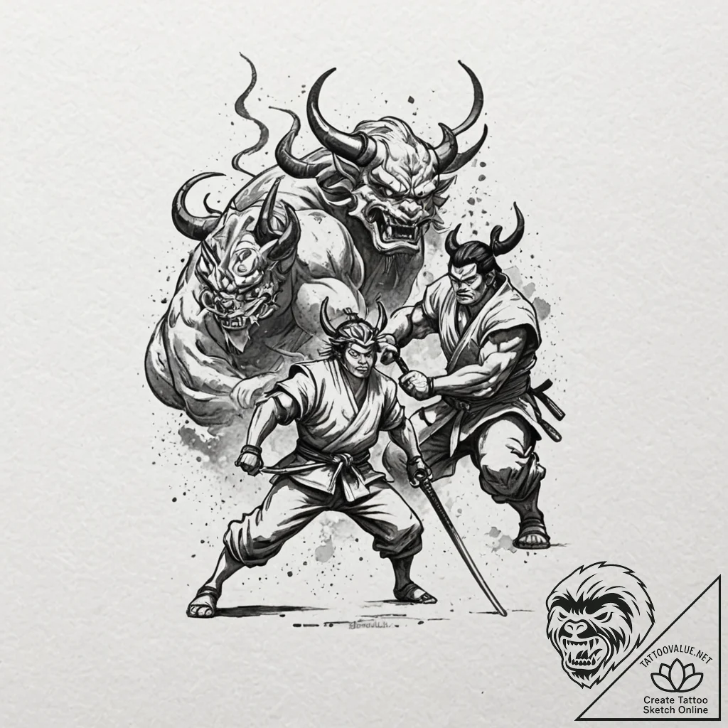 Samurai fighting an oni, ink illustration for... - tattoo sketch (№1751061939_0, 27.06.2025 22:05) — tattoovalue.net