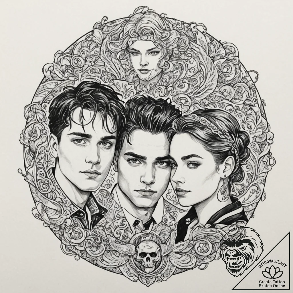 A trash polka portrait of the main characters... - tattoo sketch (№1751062060_0, 27.06.2025 22:07) — tattoovalue.net