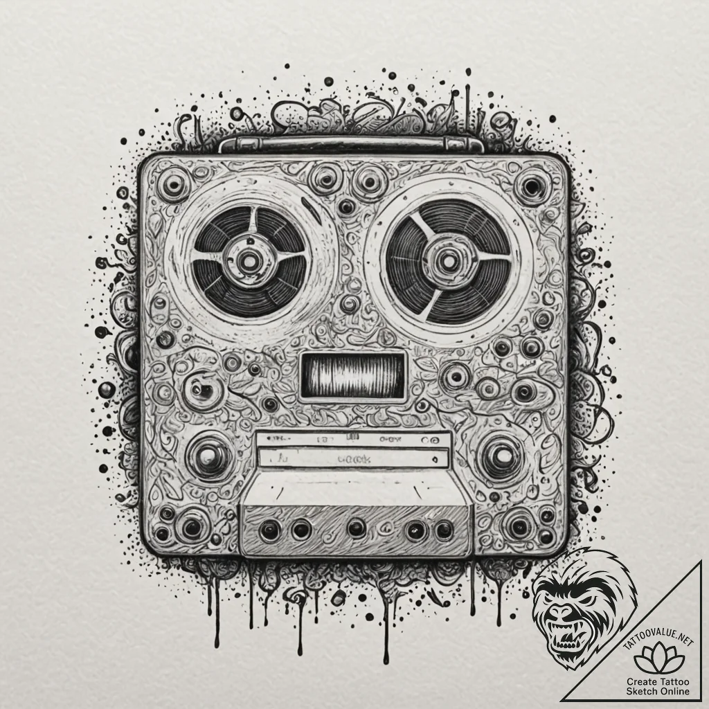 A linework tattoo of a tape recorder, the mai... - tattoo sketch (№1751062603_0, 27.06.2025 22:16) — tattoovalue.net