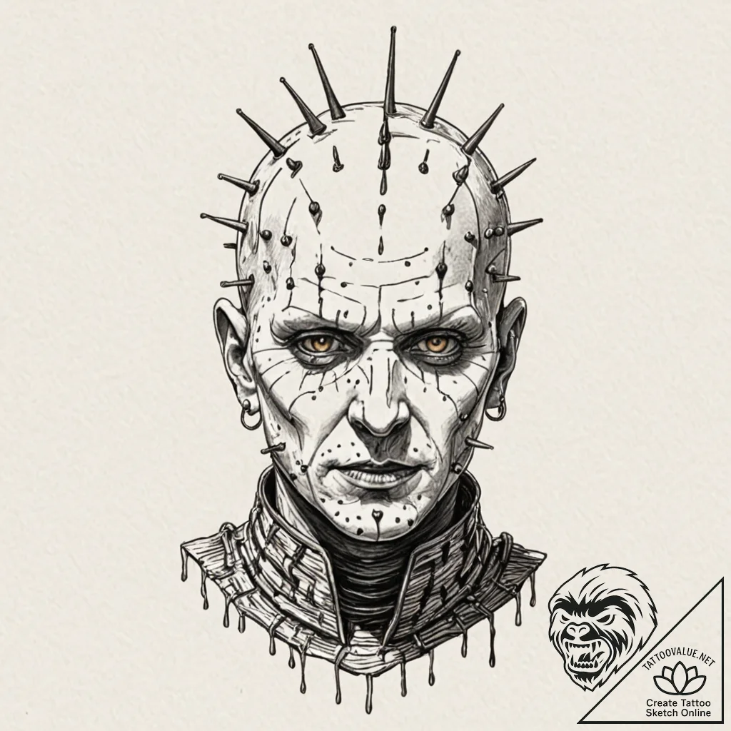 A trash polka portrait of pinhead from hellra... - tattoo sketch (№1751062832_0, 27.06.2025 22:20) — tattoovalue.net