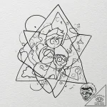A trash polka composition of the main charact… – tattoo sketch (№1751063343_0, 27.06.2025 22:29) — tattoovalue.net