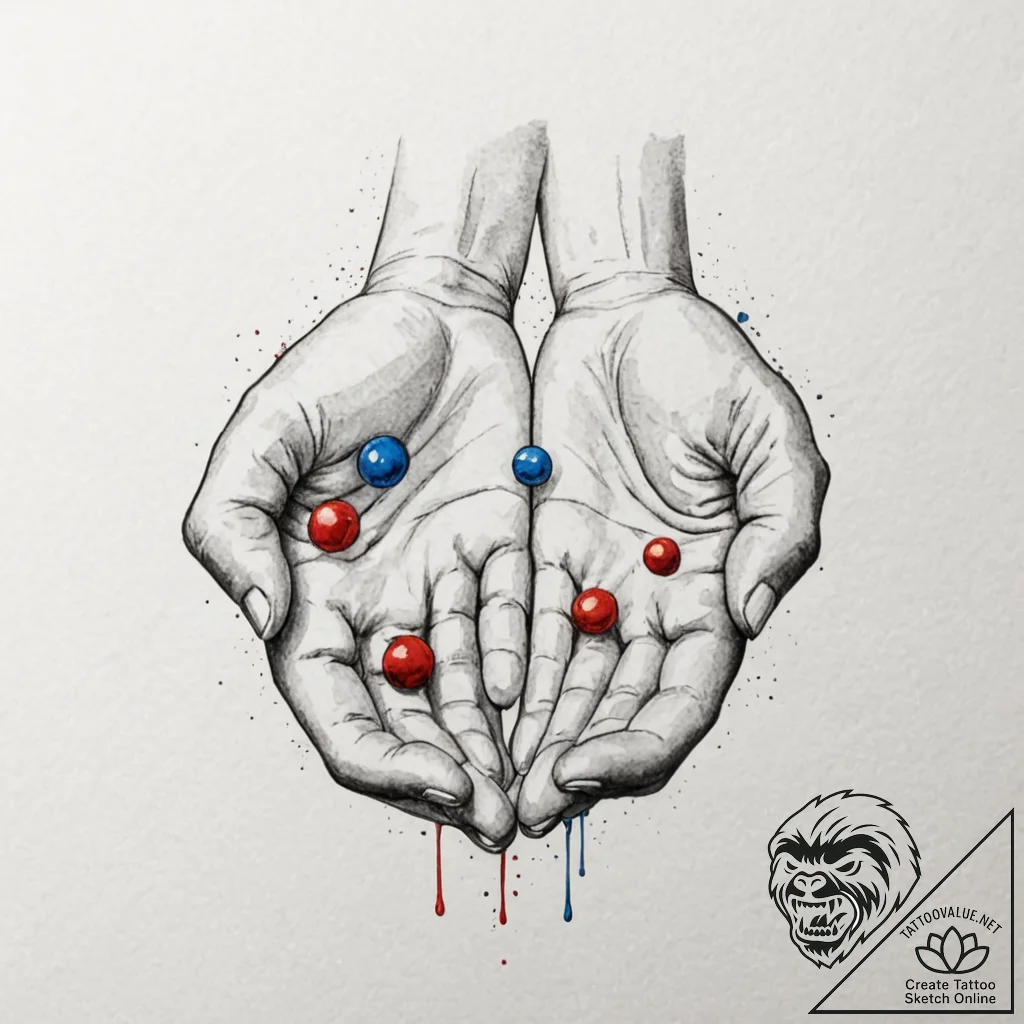 A dotwork tattoo of the red pill and the blue... - tattoo sketch (№1751063965_0, 27.06.2025 22:39) — tattoovalue.net