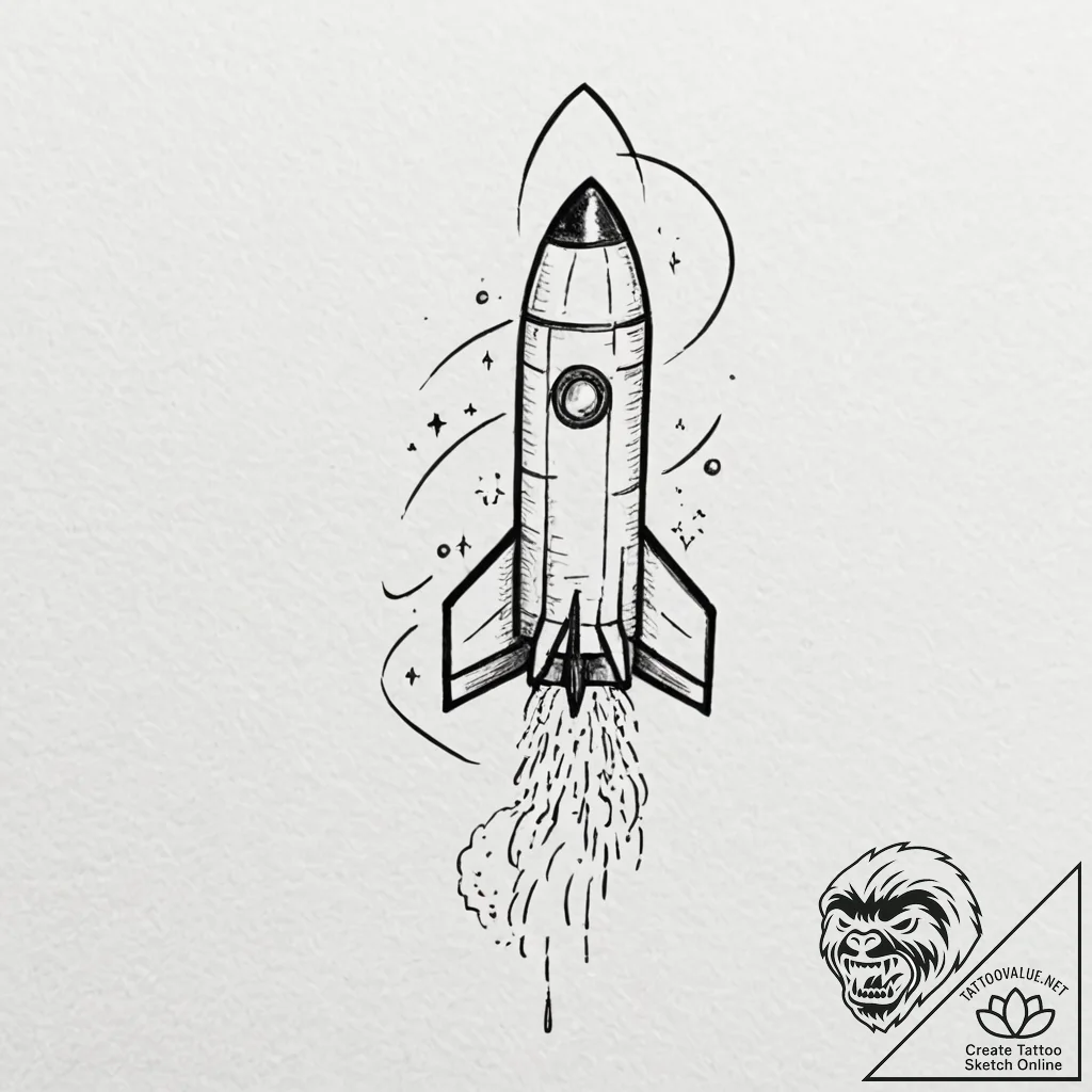 Rocket, concept art for tattoo, minimalist ta... - tattoo sketch (№1751064294_0, 27.06.2025 22:44) — tattoovalue.net