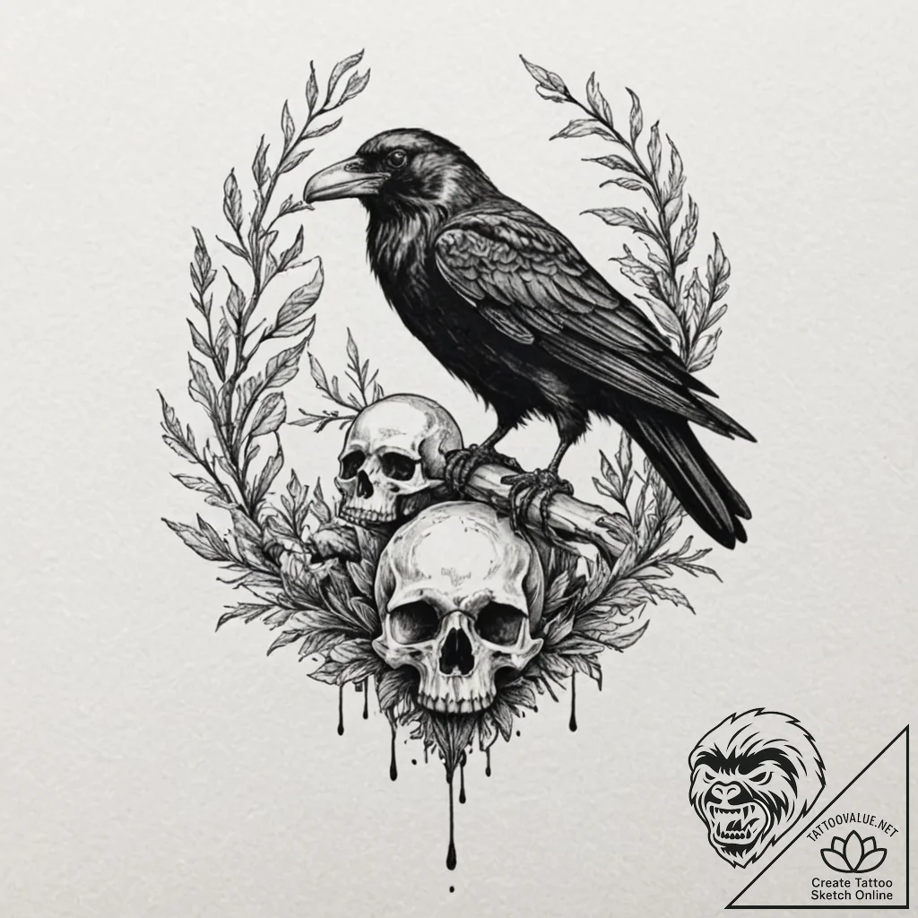 A raven perched on a skull, tattoo flash shee... - tattoo sketch (№1751064400_0, 27.06.2025 22:46) — tattoovalue.net
