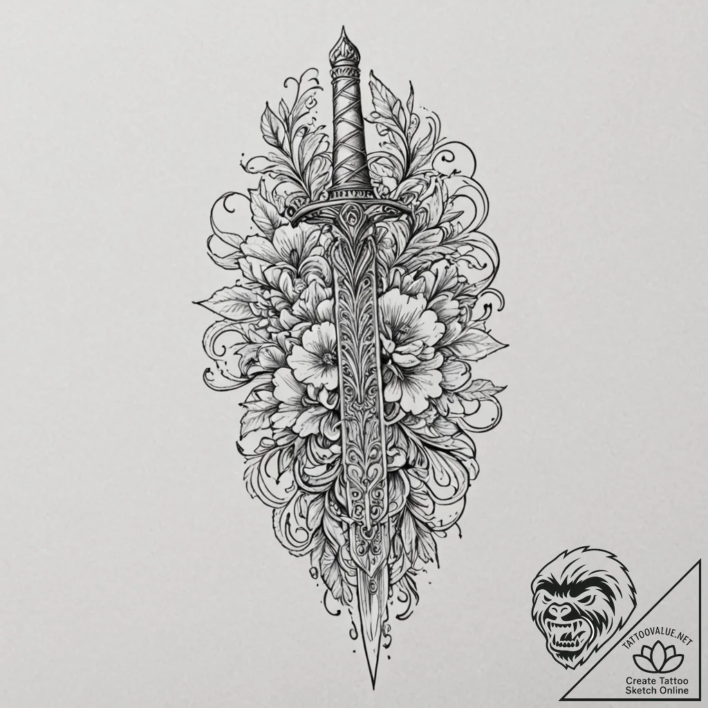 Dagger, ink illustration for tattoo, highly d... - tattoo sketch (№1751064843_0, 27.06.2025 22:54) — tattoovalue.net