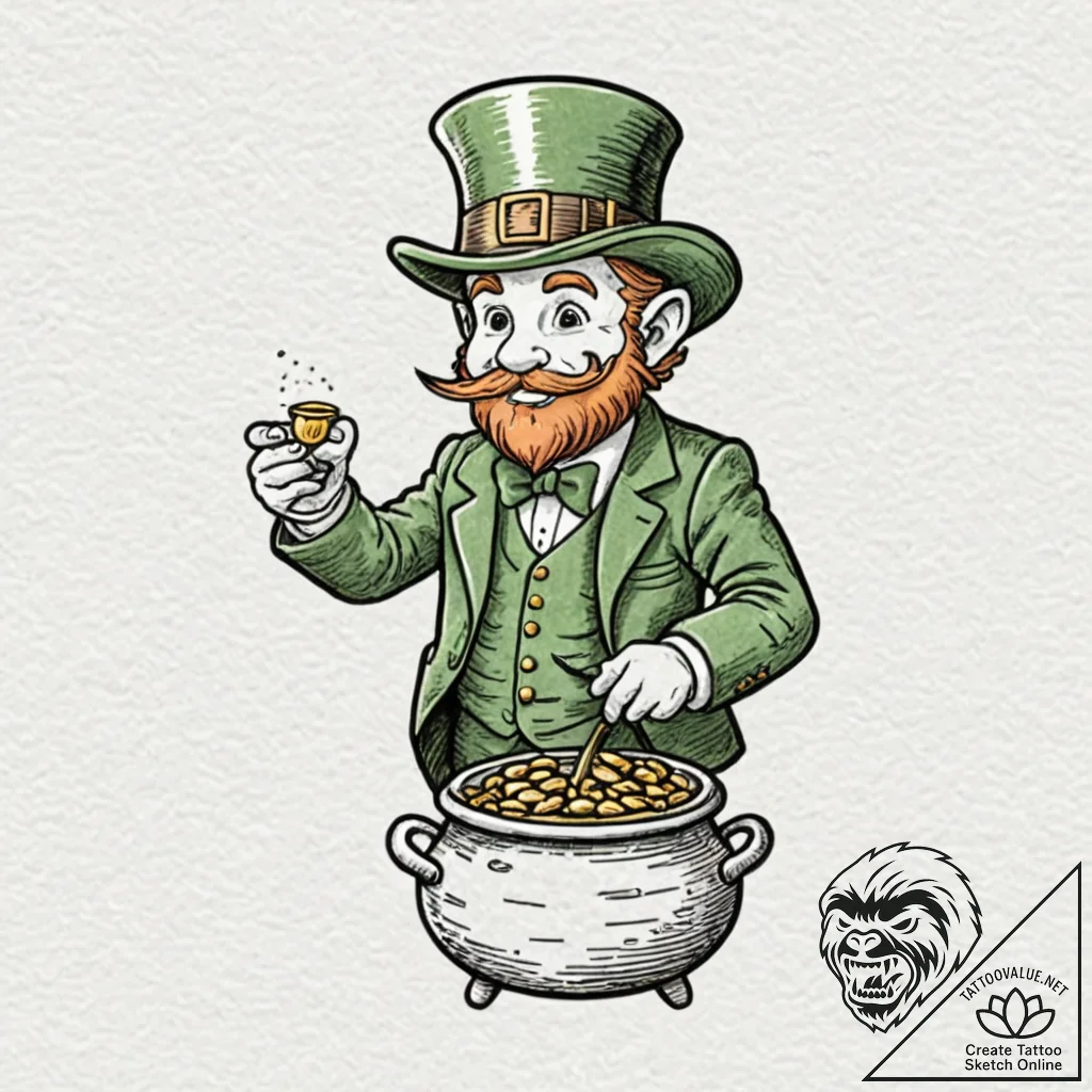 A sketch of a leprechaun with his pot of gold... - tattoo sketch (№1751065810_0, 27.06.2025 23:10) — tattoovalue.net