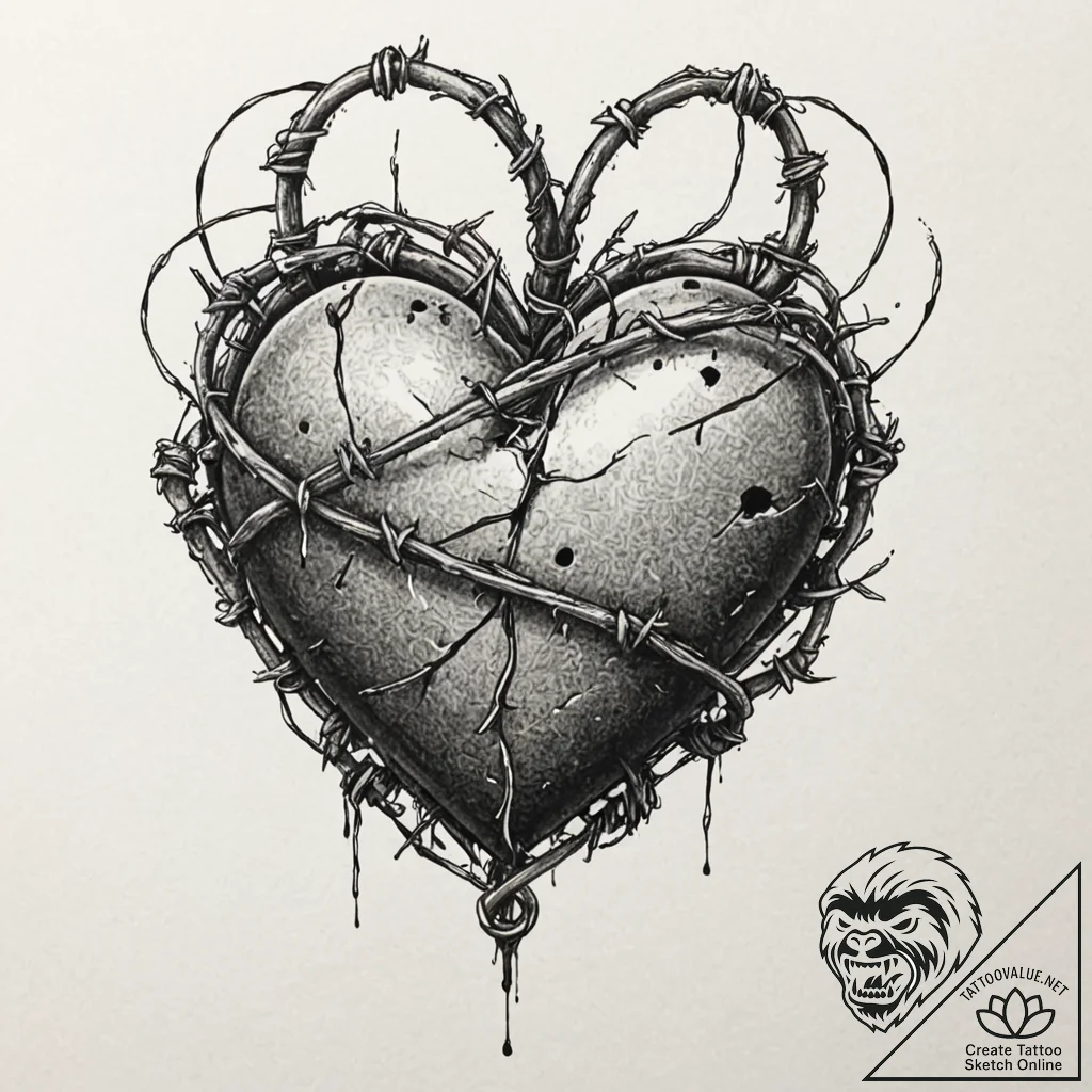 Barbed wire heart, tattoo line art, moderatel... - tattoo sketch (№1751068029_0, 27.06.2025 23:47) — tattoovalue.net