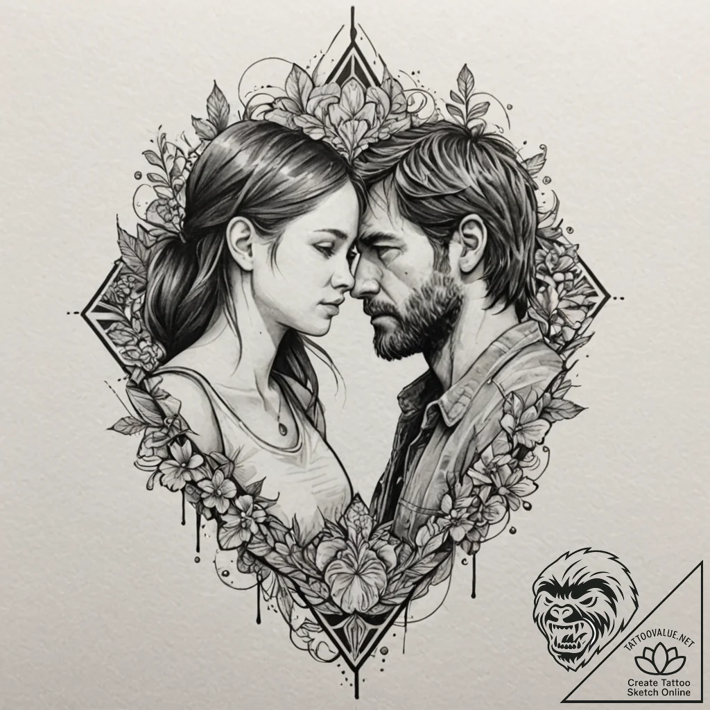 A watercolor sketch of ellie and joel from th... - tattoo sketch (№1751068879_0, 28.06.2025 00:01) — tattoovalue.net