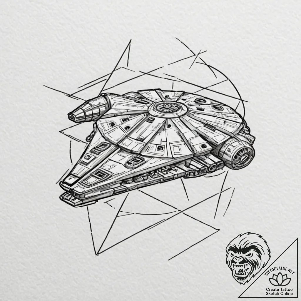 Linework tattoo of the millennium falcon maki... - tattoo sketch (№1751070615_0, 28.06.2025 00:30) — tattoovalue.net