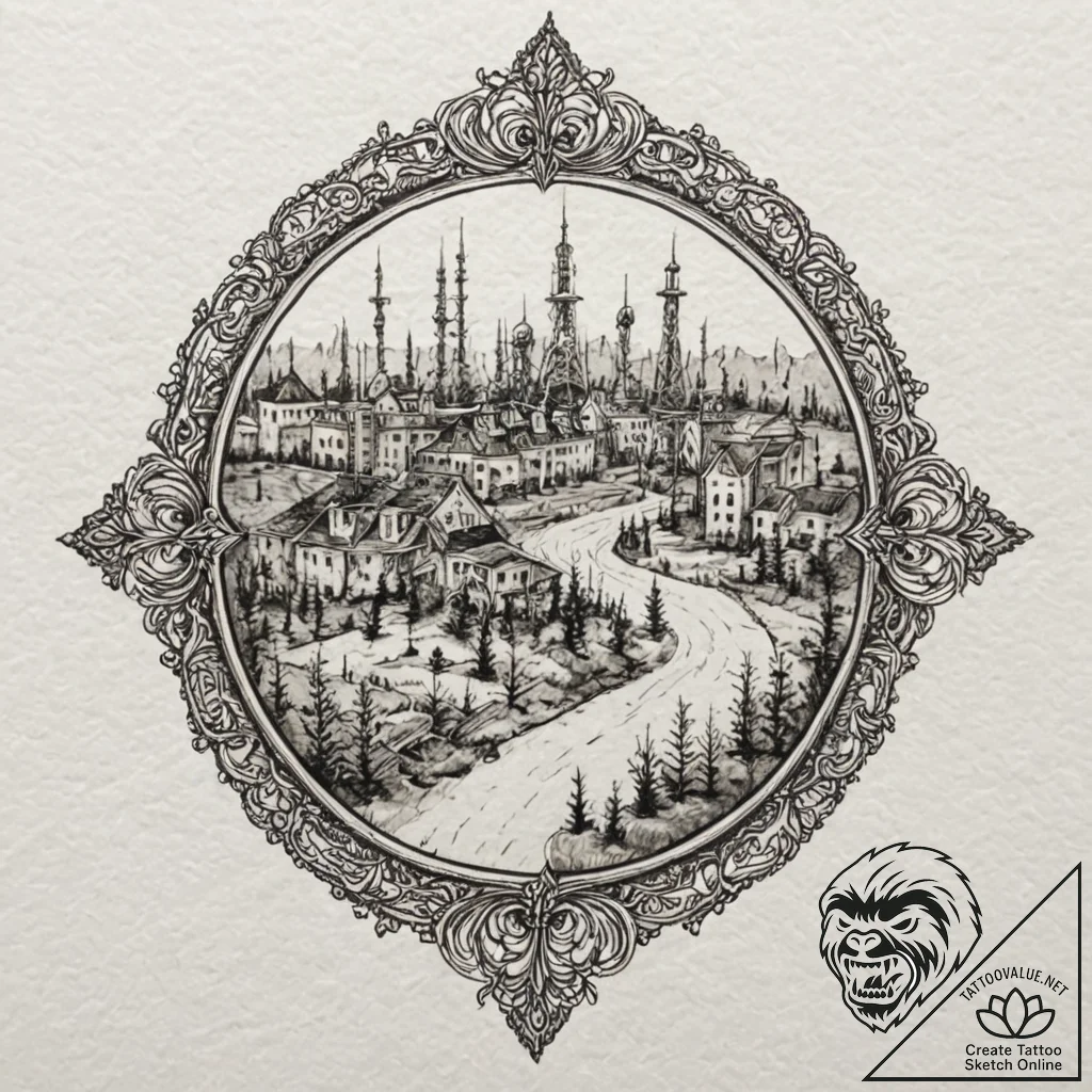 A watercolor sketch of the eerie, empty city... - tattoo sketch (№1751070934_0, 28.06.2025 00:35) — tattoovalue.net