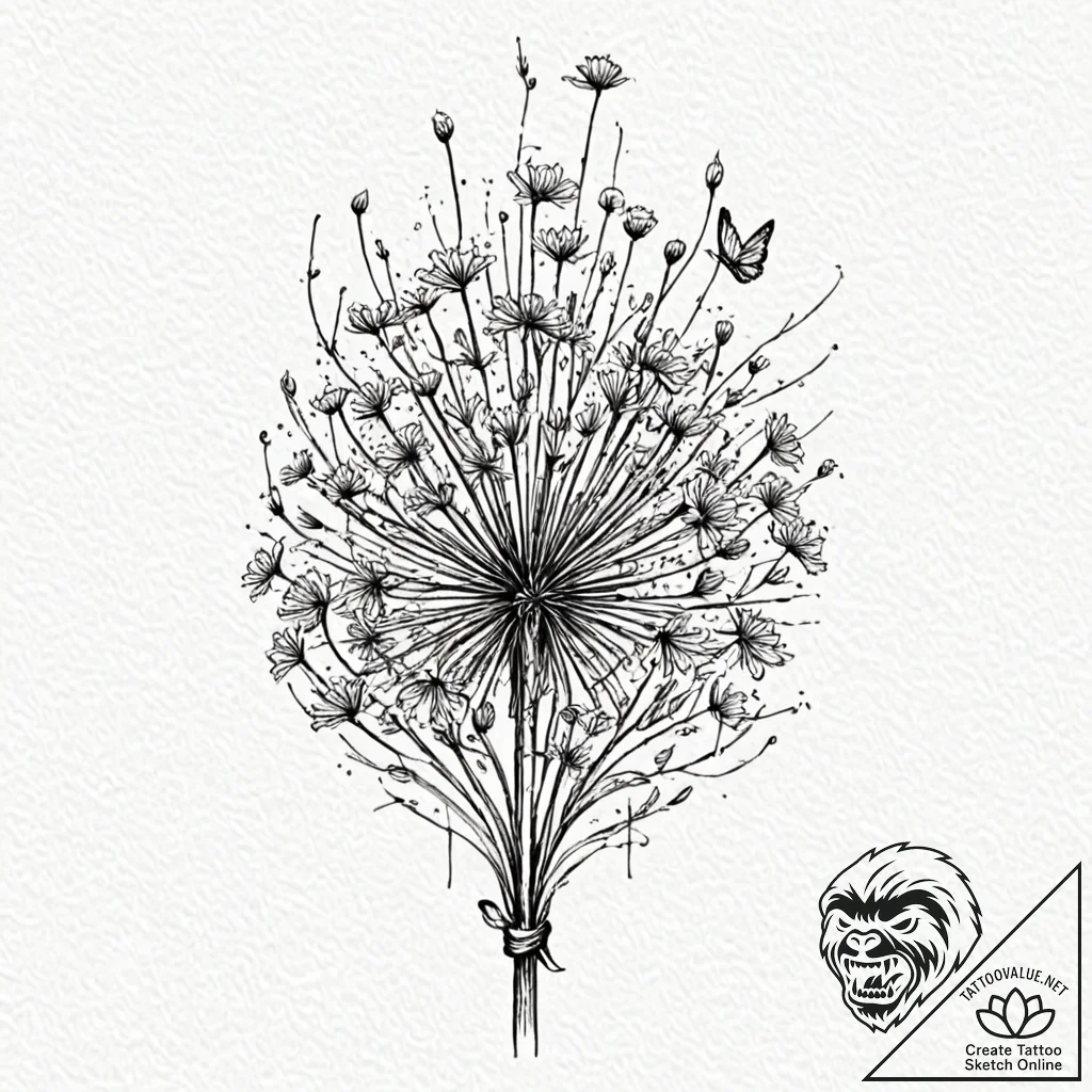 Dandelion with birds, tattoo line art, on whi... - tattoo sketch (№1751071384_0, 28.06.2025 00:43) — tattoovalue.net