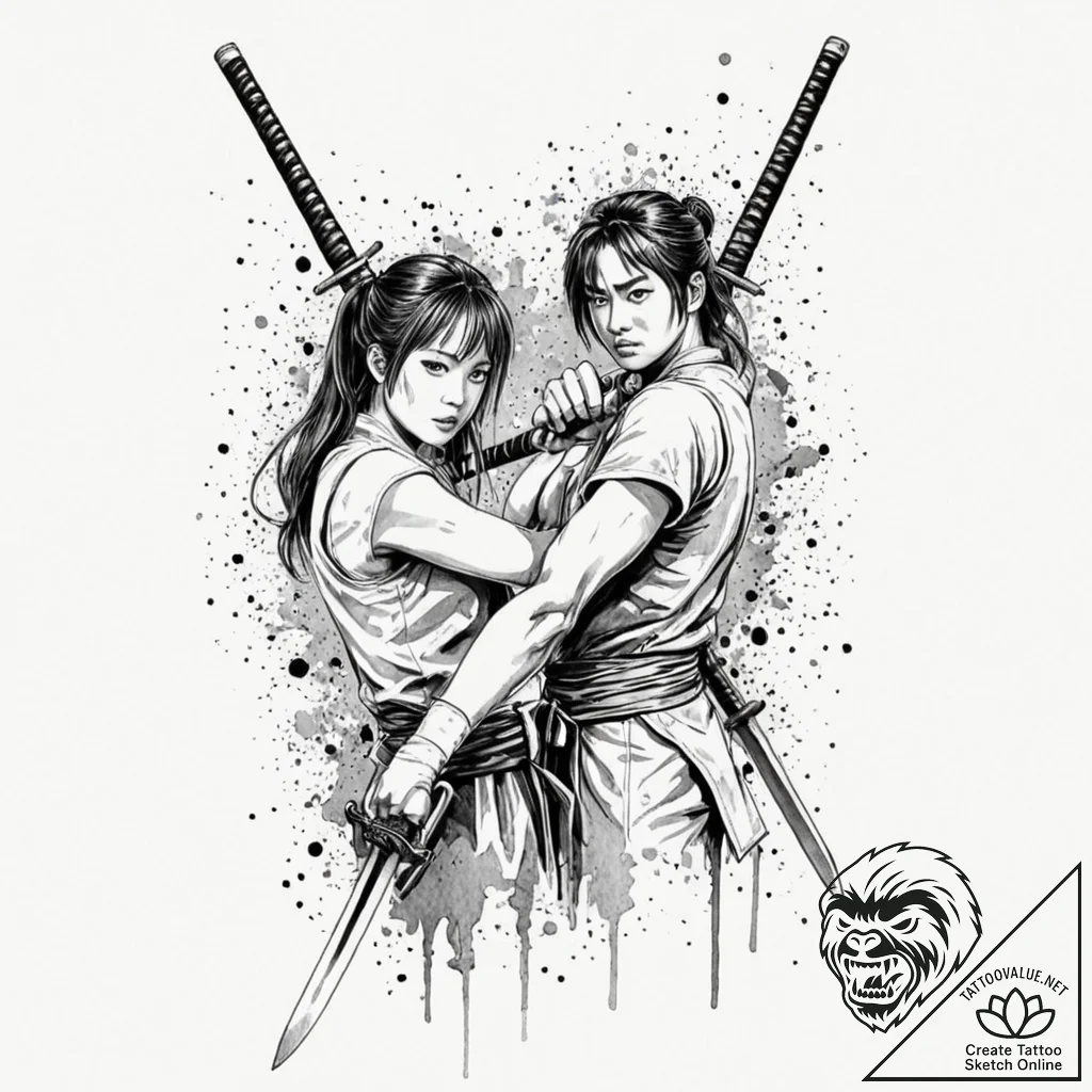 A linework tattoo of two crossed samurai swor... - tattoo sketch (№1751071622_0, 28.06.2025 00:47) — tattoovalue.net