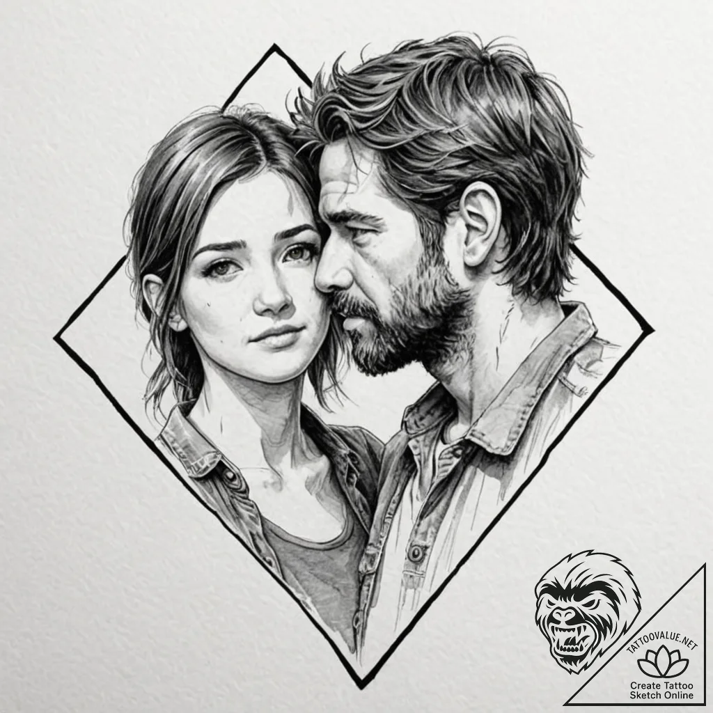 A watercolor sketch of ellie and joel from th... - tattoo sketch (№1751074514_0, 28.06.2025 01:35) — tattoovalue.net