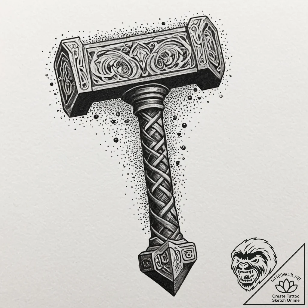 Thor's hammer, ink illustration for tattoo, v... - tattoo sketch (№1751076153_0, 28.06.2025 02:02) — tattoovalue.net