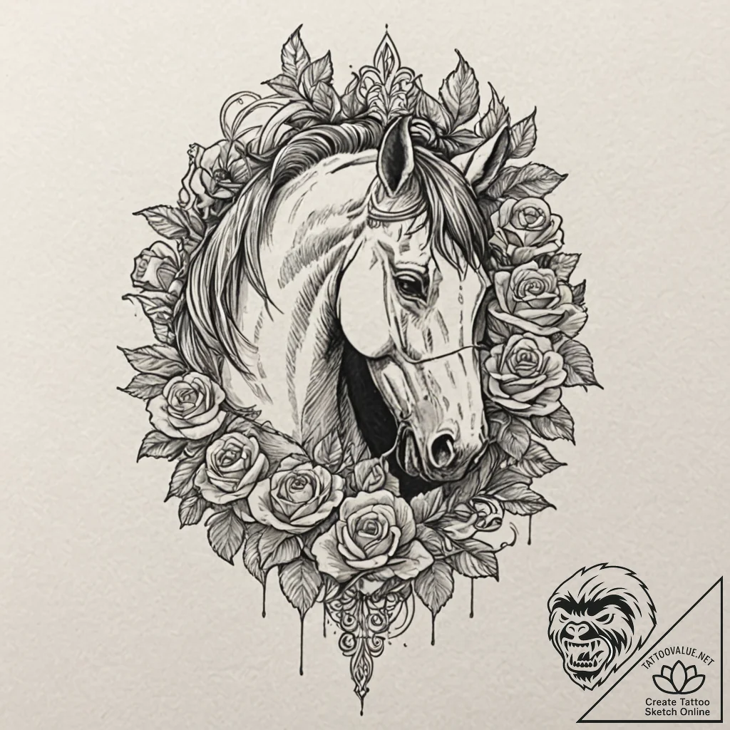 Horse, artistic tattoo sketch, detailed cross... - tattoo sketch (№1751076953_0, 28.06.2025 02:15) — tattoovalue.net