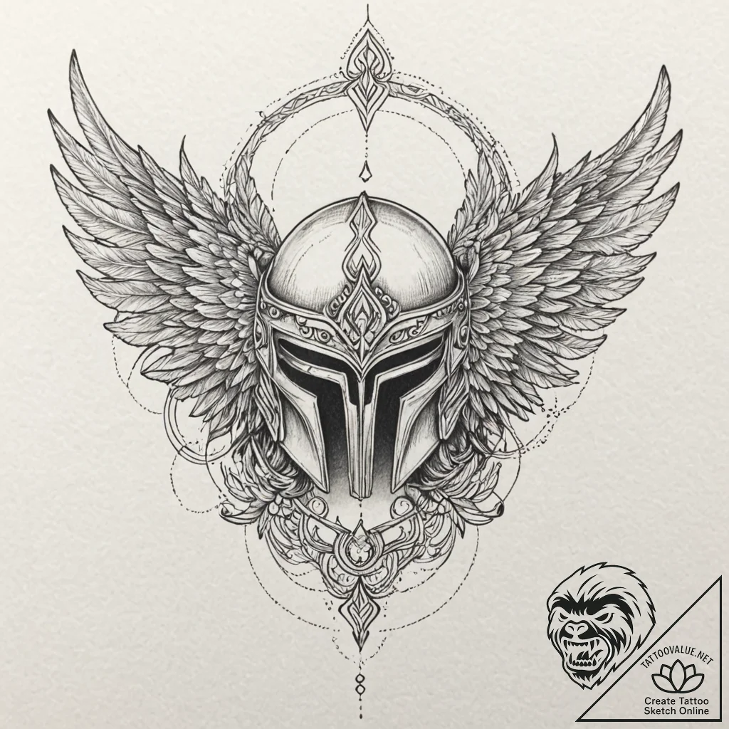 A linework design of a valkyrie's helmet, wit... - tattoo sketch (№1751077616_0, 28.06.2025 02:26) — tattoovalue.net