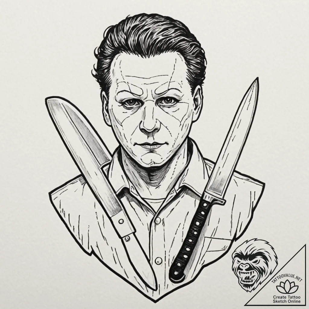 A graphic novel style portrait of michael mye... - tattoo sketch (№1751078245_0, 28.06.2025 02:37) — tattoovalue.net