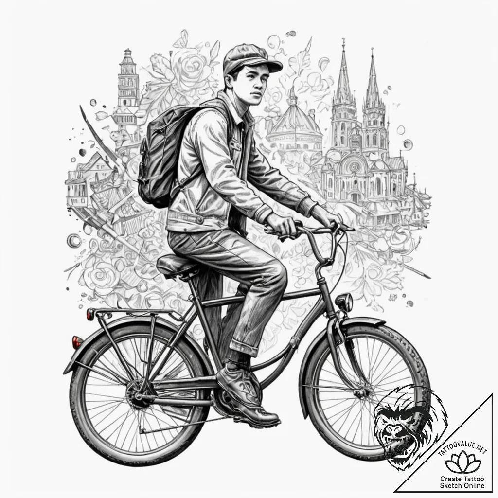 A linework tattoo of the bicycle scene from b... - tattoo sketch (№1751078365_0, 28.06.2025 02:39) — tattoovalue.net