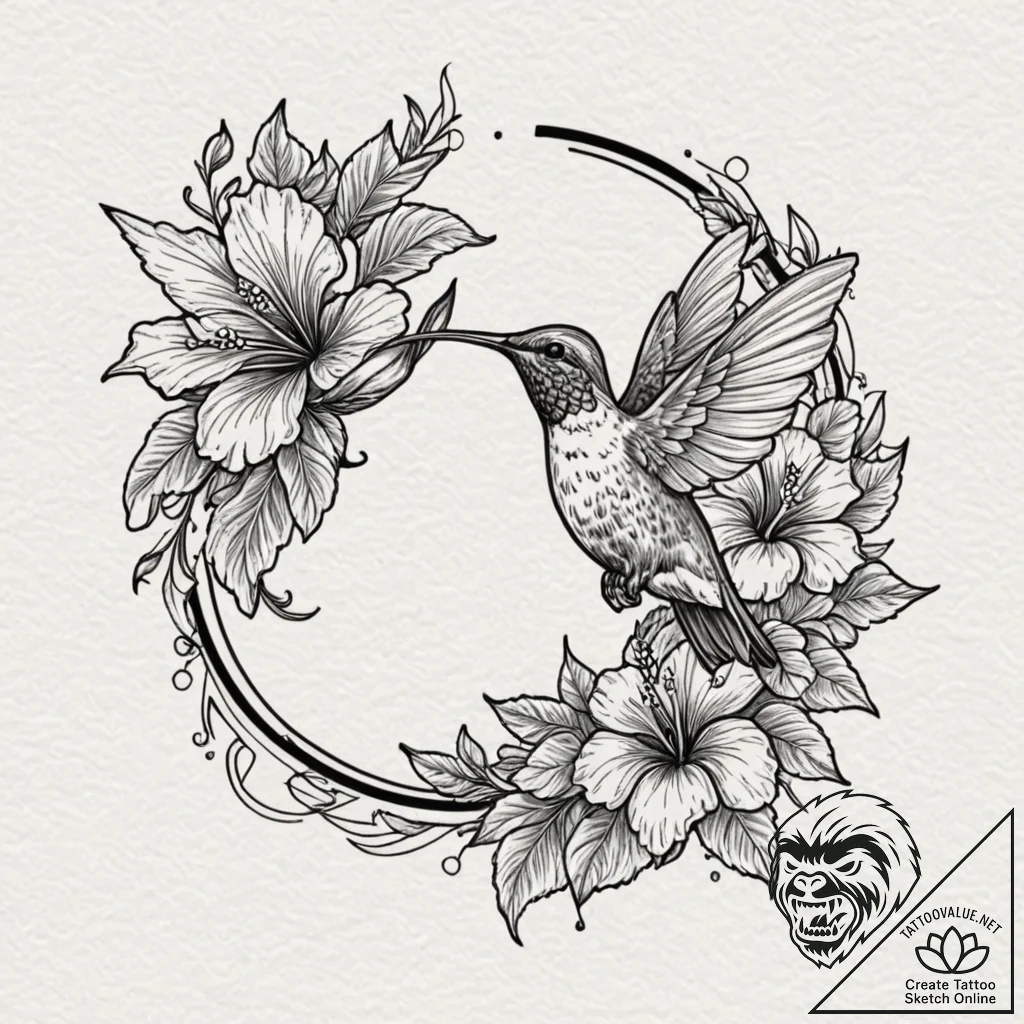 A hummingbird drinking from a hibiscus flower... - tattoo sketch (№1751079022_0, 28.06.2025 02:50) — tattoovalue.net
