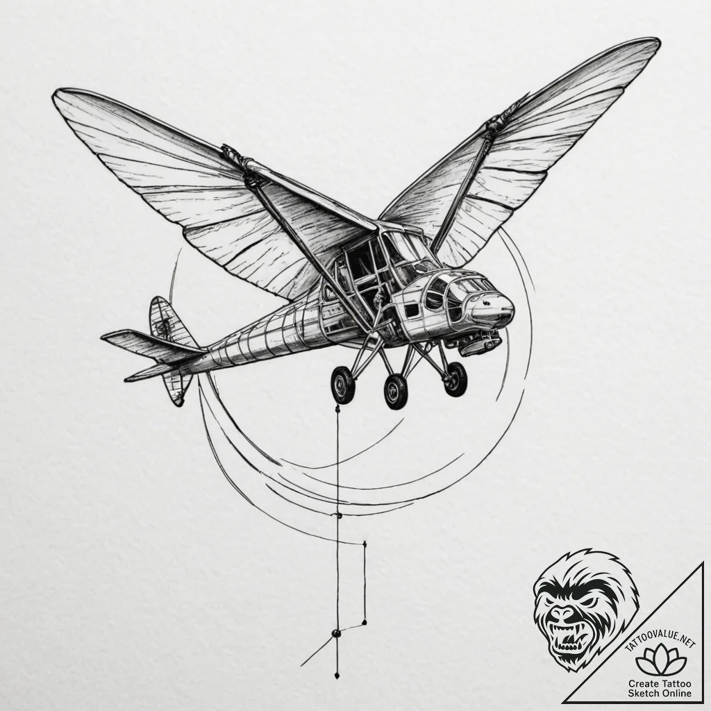 A linework tattoo of an ornithopter, detailed... - tattoo sketch (№1751080513_0, 28.06.2025 03:15) — tattoovalue.net