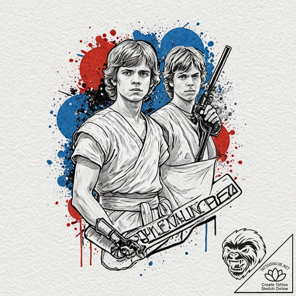 Trash polka style tattoo of luke skywalker fa... - tattoo sketch (№1751081689_0, 28.06.2025 03:34) — tattoovalue.net