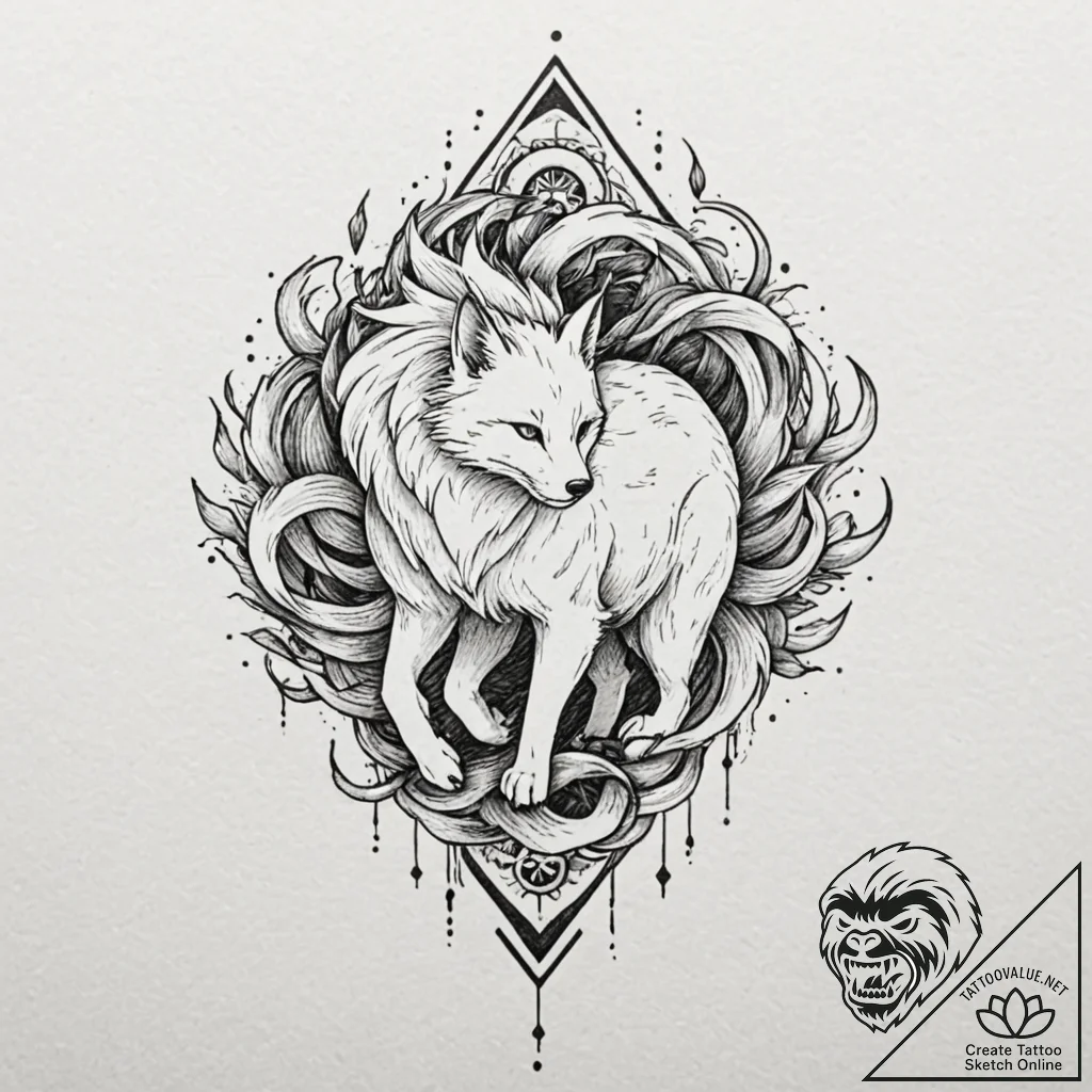A kitsune with its nine tails, tattoo flash s... - tattoo sketch (№1751082104_0, 28.06.2025 03:41) — tattoovalue.net