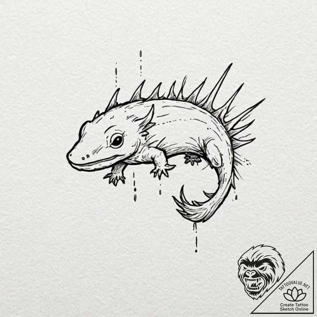 An axolotl, tattoo line art, black and white... - tattoo sketch (№1751082762_0, 28.06.2025 03:52) — tattoovalue.net