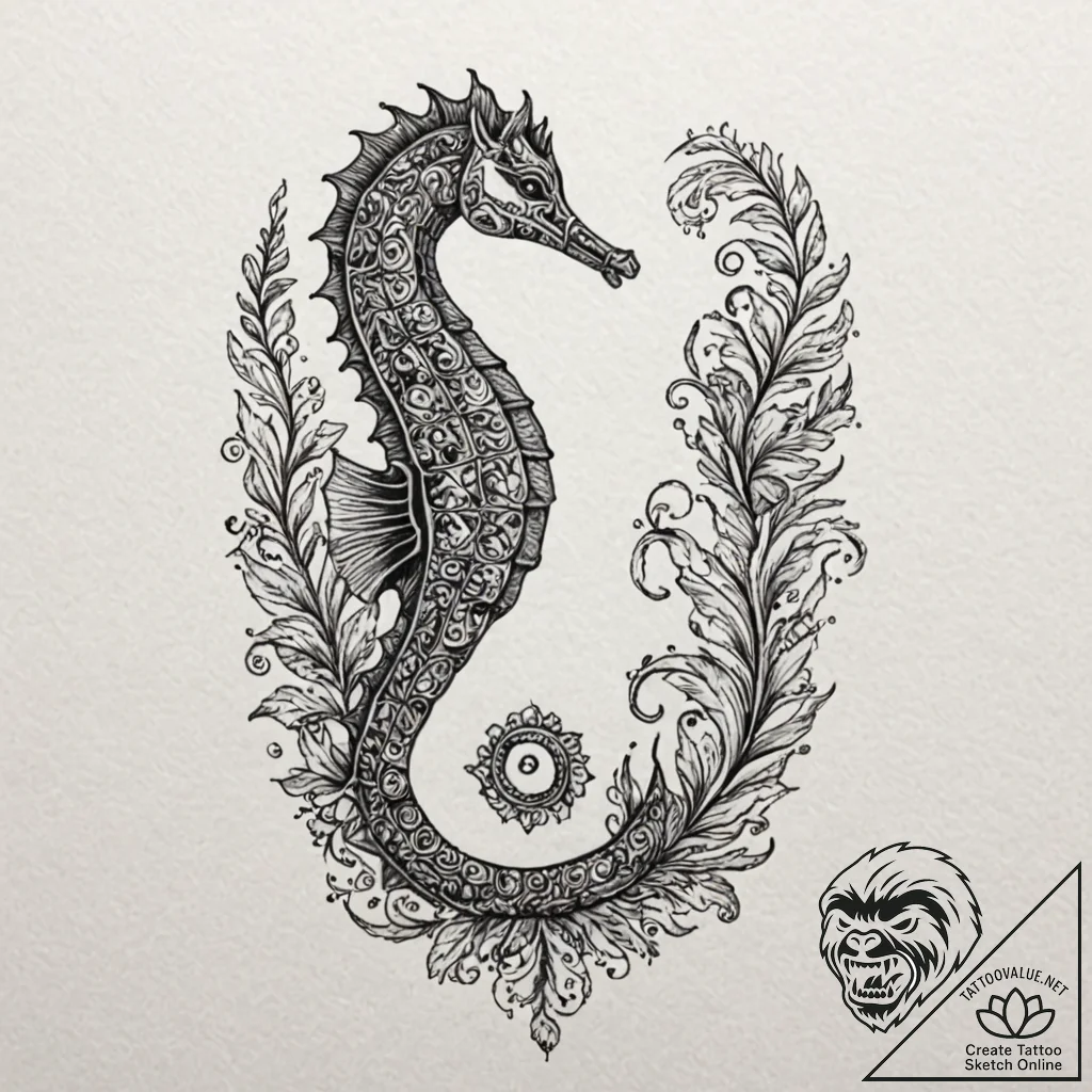 A seahorse with intricate patterns (is there,... - tattoo sketch (№1751082880_0, 28.06.2025 03:54) — tattoovalue.net