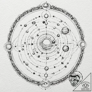 A planet with rings made of city lights, ink… – tattoo sketch (№1751083577_0, 28.06.2025 04:06) — tattoovalue.net