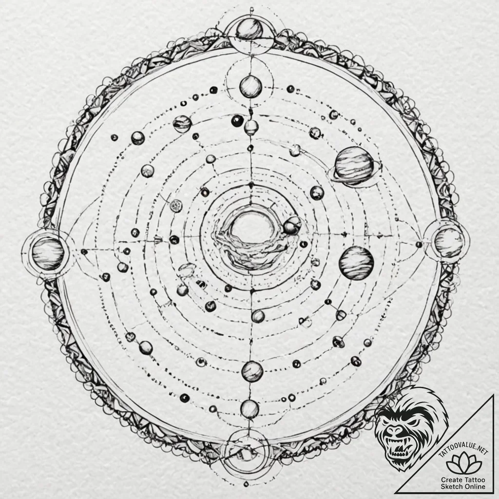 A planet with rings made of city lights, ink... - tattoo sketch (№1751083577_0, 28.06.2025 04:06) — tattoovalue.net