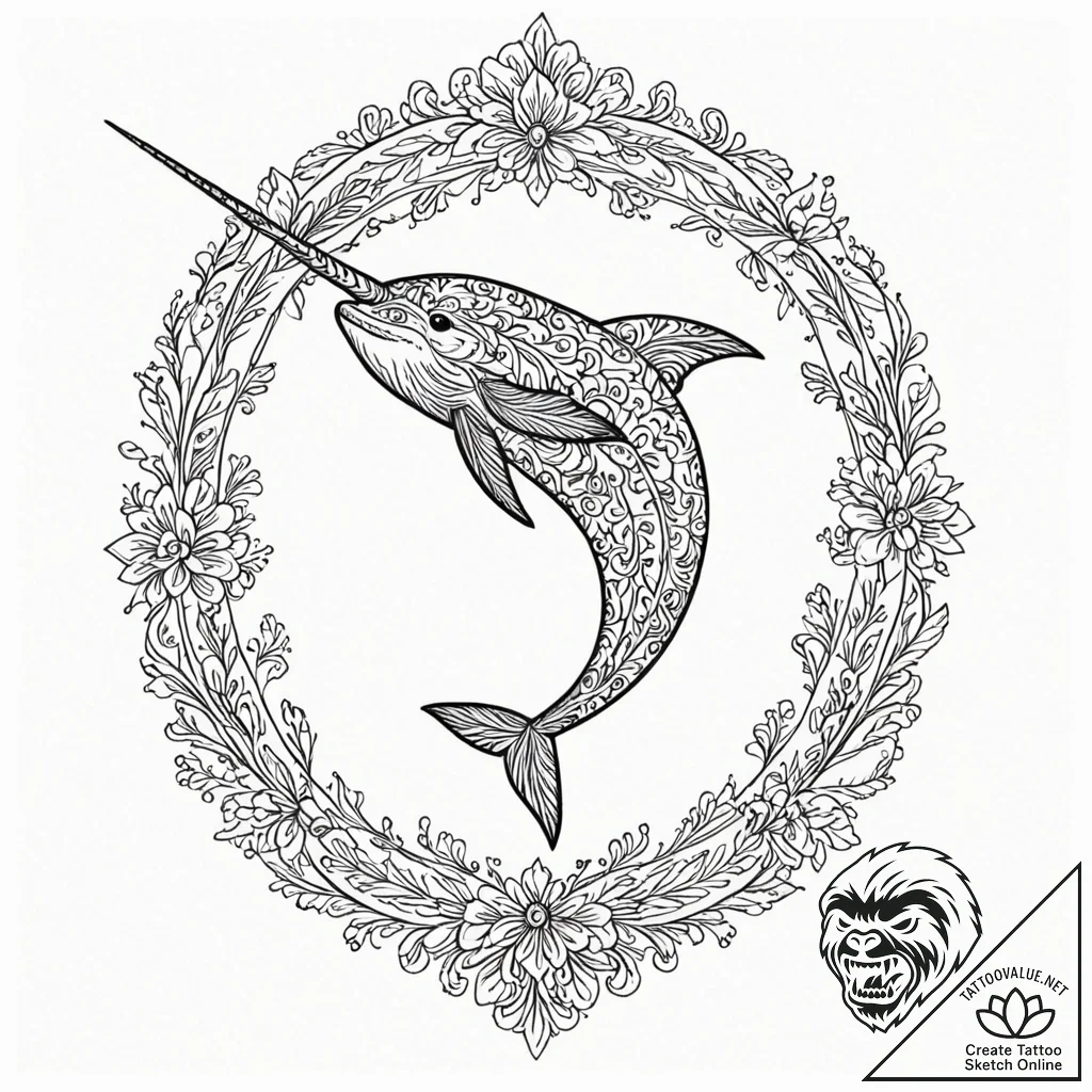 Narwhal, concept art for tattoo, bold outline... - tattoo sketch (№1751084356_0, 28.06.2025 04:19) — tattoovalue.net