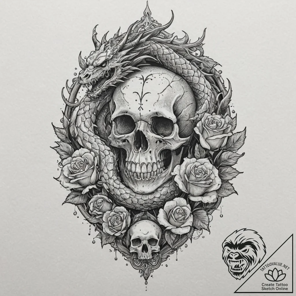 Dragon guarding a hoard of gold, artistic tat... - tattoo sketch (№1751087326_0, 28.06.2025 05:08) — tattoovalue.net