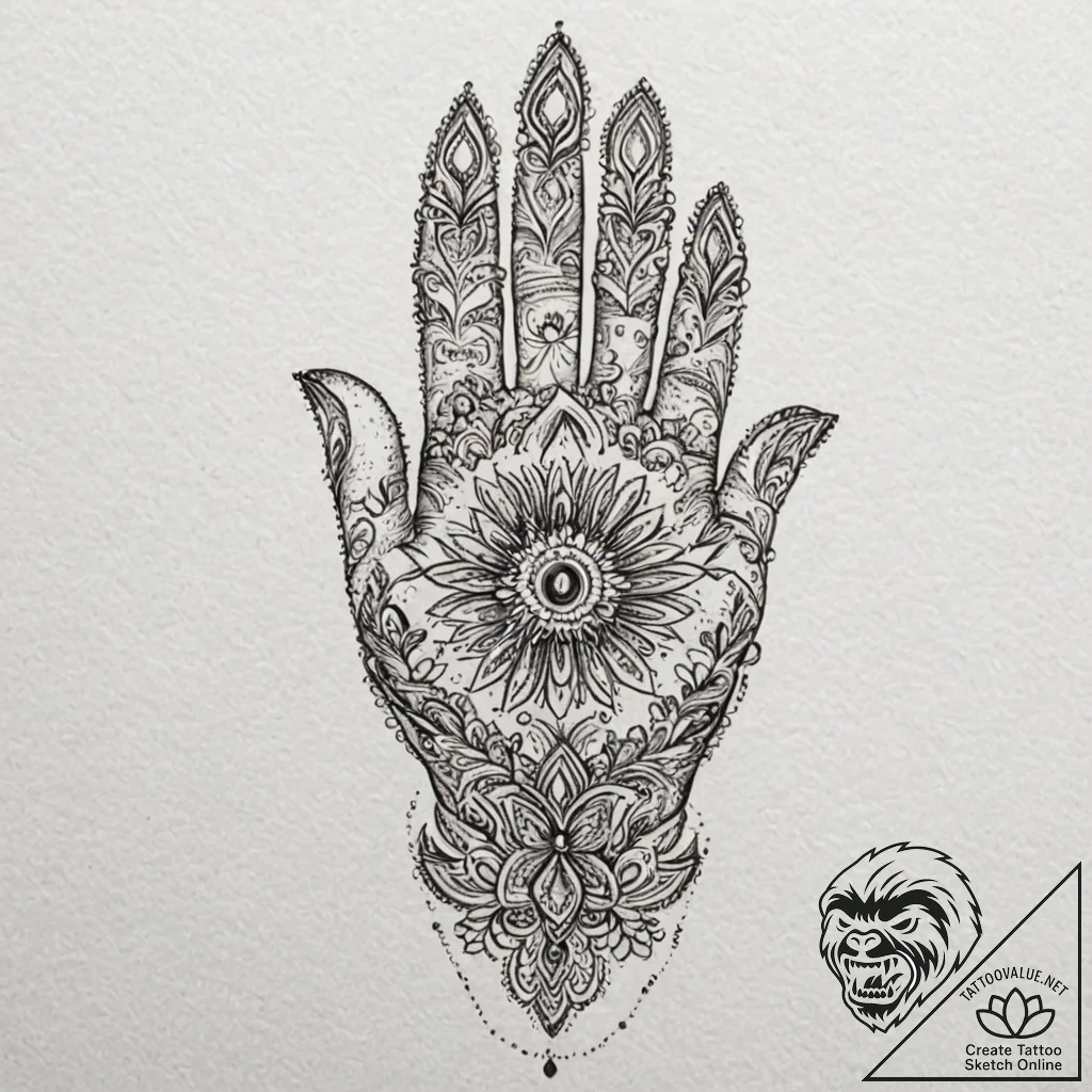 Hand of fatima, tattoo line art, studio light... - tattoo sketch (№1751088111_0, 28.06.2025 05:21) — tattoovalue.net