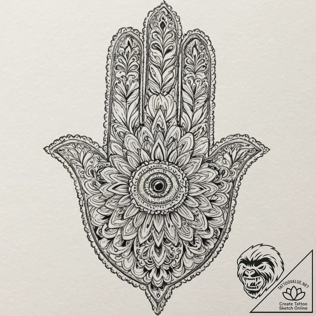 Hamsa, tattoo drawing outline, studio lightin... - tattoo sketch (№1751088419_0, 28.06.2025 05:26) — tattoovalue.net
