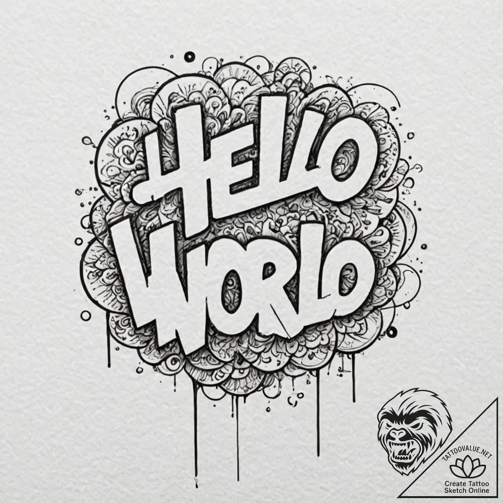 A "hello world" in code font, concept art for... - tattoo sketch (№1751088886_0, 28.06.2025 05:34) — tattoovalue.net