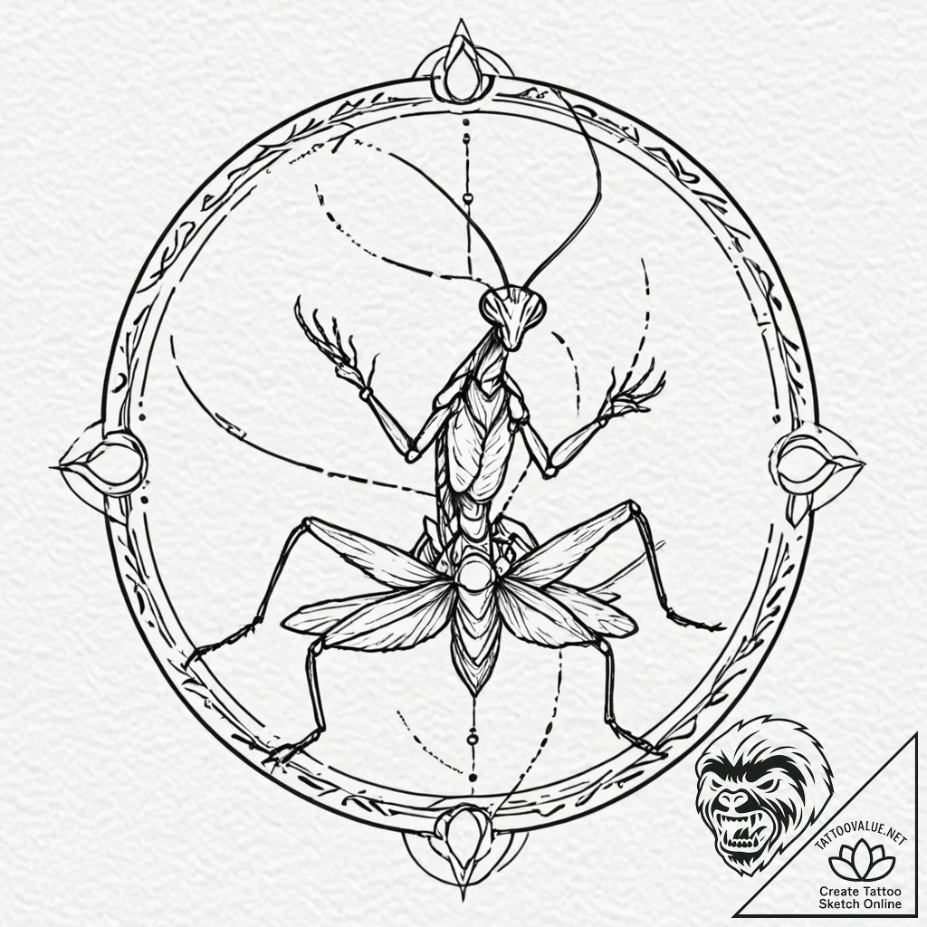 A praying mantis in a martial arts pose, tatt... - tattoo sketch (№1751090228_0, 28.06.2025 05:57) — tattoovalue.net