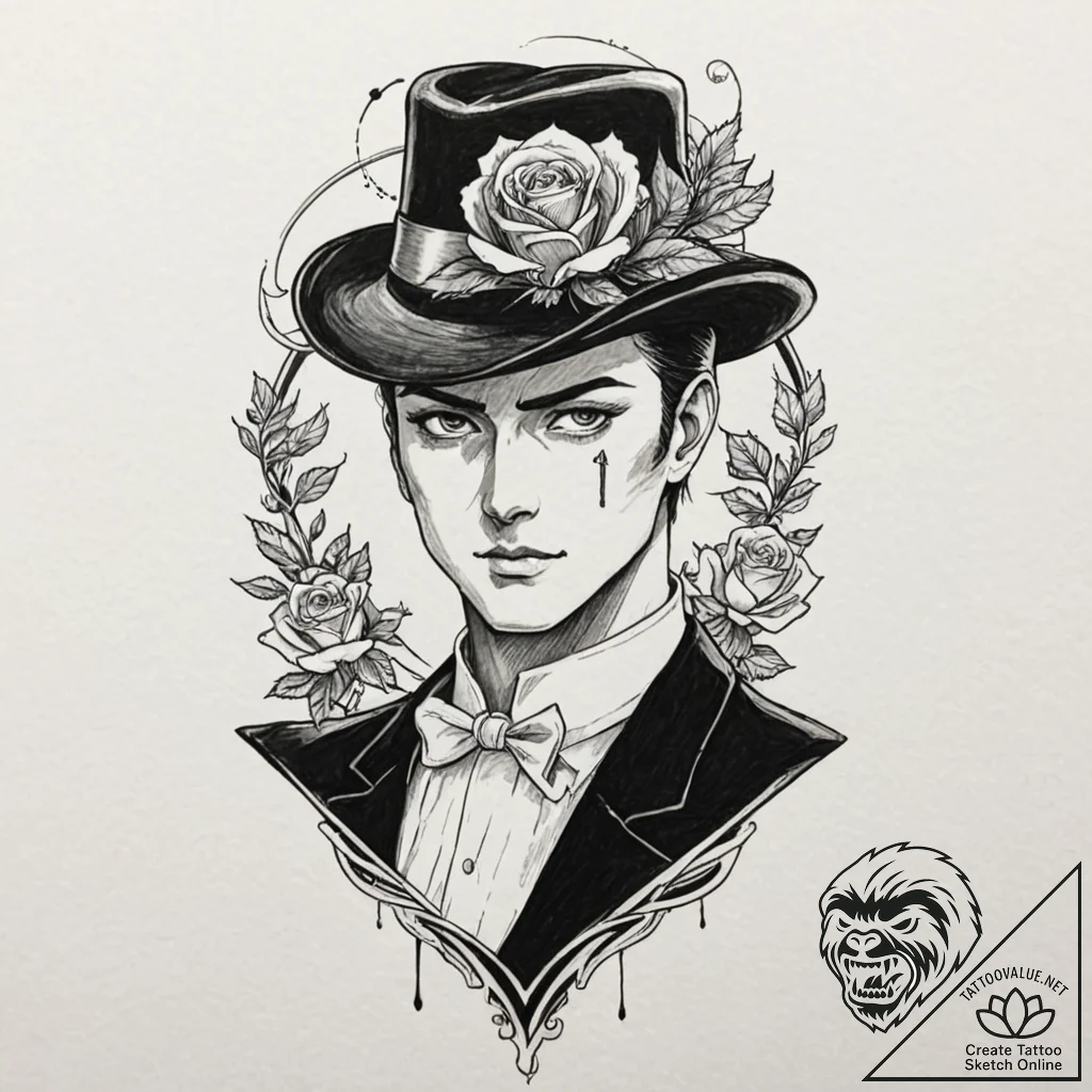 A neo-traditional tattoo of tuxedo mask, with... - tattoo sketch (№1751090633_0, 28.06.2025 06:03) — tattoovalue.net