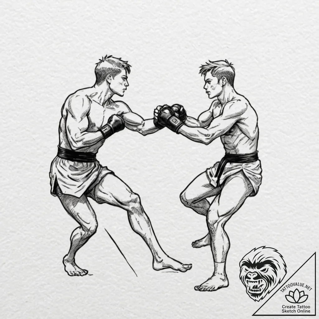 A linework tattoo of two figures sparring in... - tattoo sketch (№1751093267_0, 28.06.2025 06:47) — tattoovalue.net