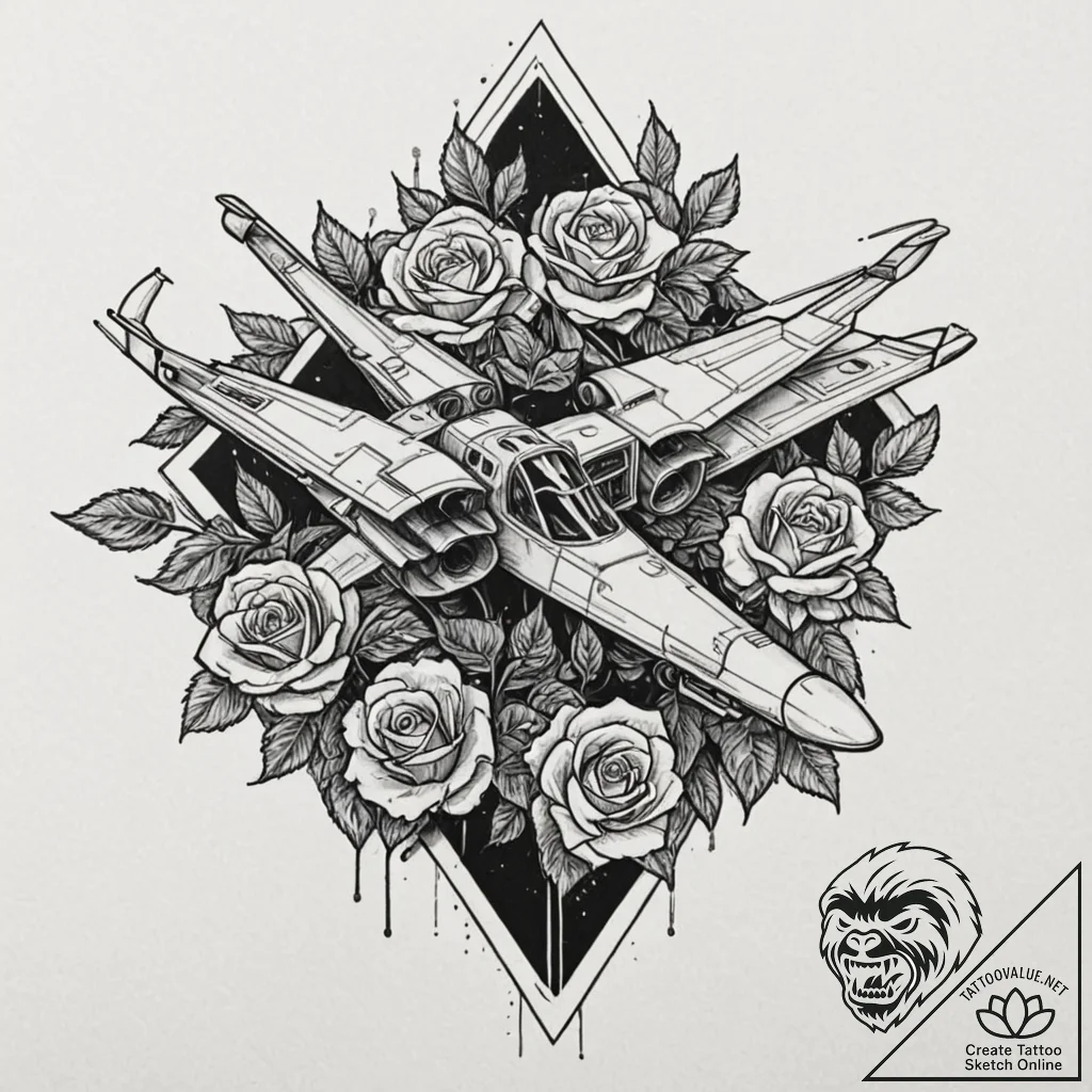 Neo-traditional tattoo of an x-wing fighter,... - tattoo sketch (№1751094396_0, 28.06.2025 07:06) — tattoovalue.net