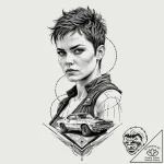 A graphic sketch of furiosa with her war rig… – tattoo sketch (№1751100255_0, 28.06.2025 08:44) — tattoovalue.net