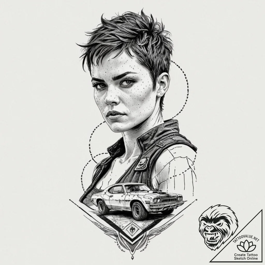 A graphic sketch of furiosa with her war rig... - tattoo sketch (№1751100255_0, 28.06.2025 08:44) — tattoovalue.net