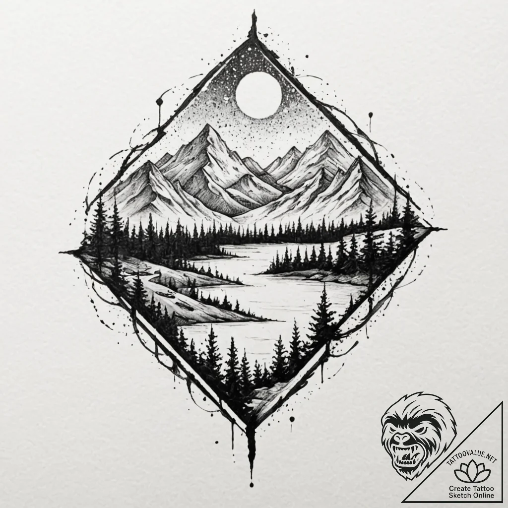 A dotwork landscape, artistic tattoo sketch,... - tattoo sketch (№1751101593_0, 28.06.2025 09:06) — tattoovalue.net
