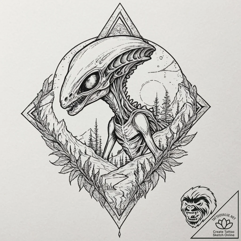Alien landscape, artistic tattoo sketch, stud... - tattoo sketch (№1751102028_0, 28.06.2025 09:13) — tattoovalue.net