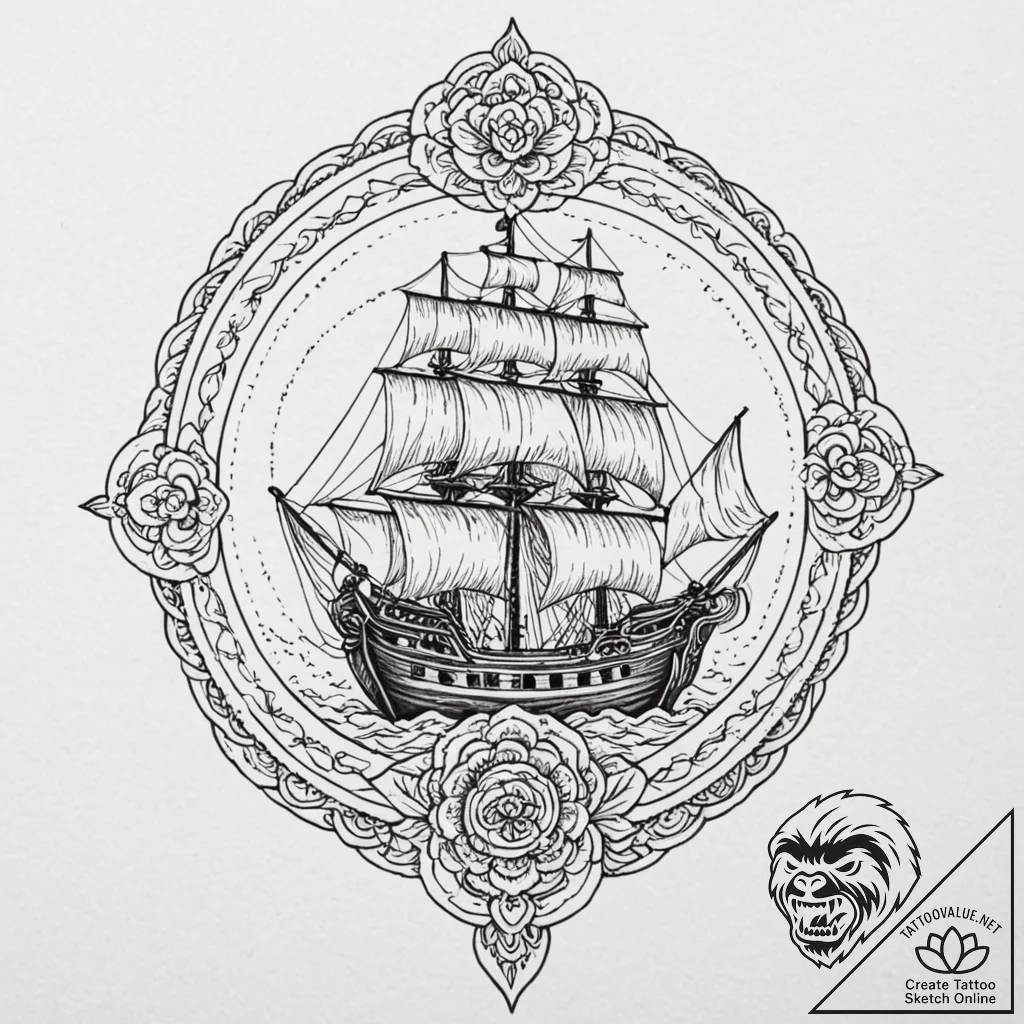 Pirate ship fighting a kraken, tattoo drawing... - tattoo sketch (№1751102328_0, 28.06.2025 09:18) — tattoovalue.net