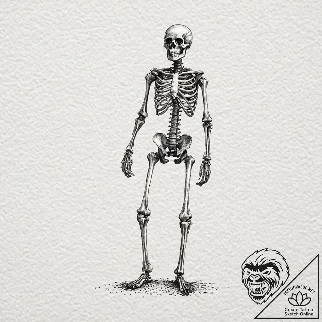 Skeleton, tattoo sketch design, sepia tone sk... - tattoo sketch (№1751102512_0, 28.06.2025 09:21) — tattoovalue.net