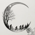 A linework tattoo of the kids on their bikes,… – tattoo sketch (№1751102995_0, 28.06.2025 09:29) — tattoovalue.net
